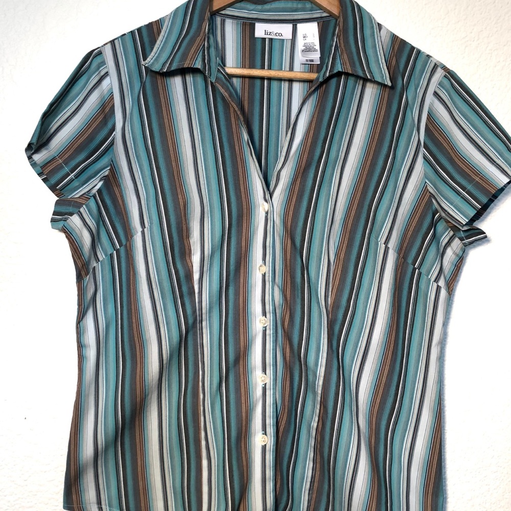 Liz & Co. V-Neck Button Down Striped Top~Size L